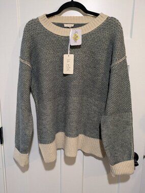 NWT La Miel Colorblock Knit Sweater Blue Grey Cream Oversized